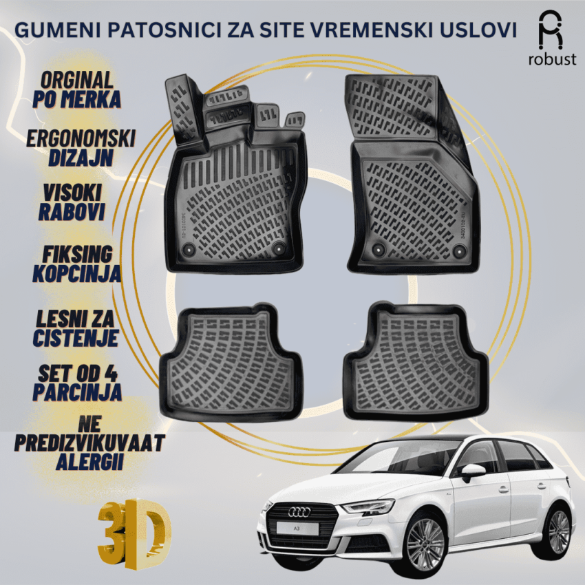 www.samad.mk-3D gumeni patosnici za Audi A3 8V FL 2016 2013-2020 Patosnici Robust za site vremenski uslovi