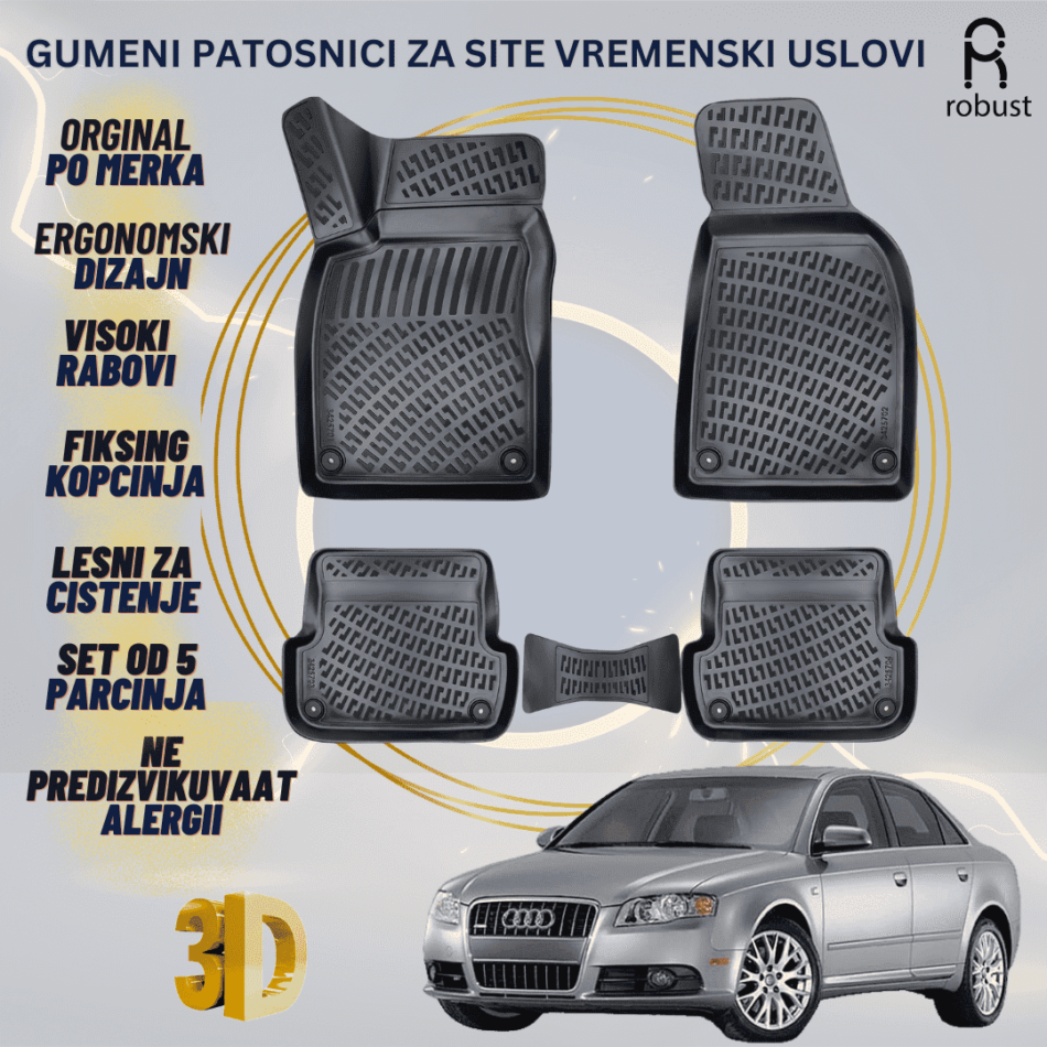 www.samad.mk-3D gumeni patosnici za Audi A4 B7 2004-2009 Patosnici Robust za site vremenski uslovi