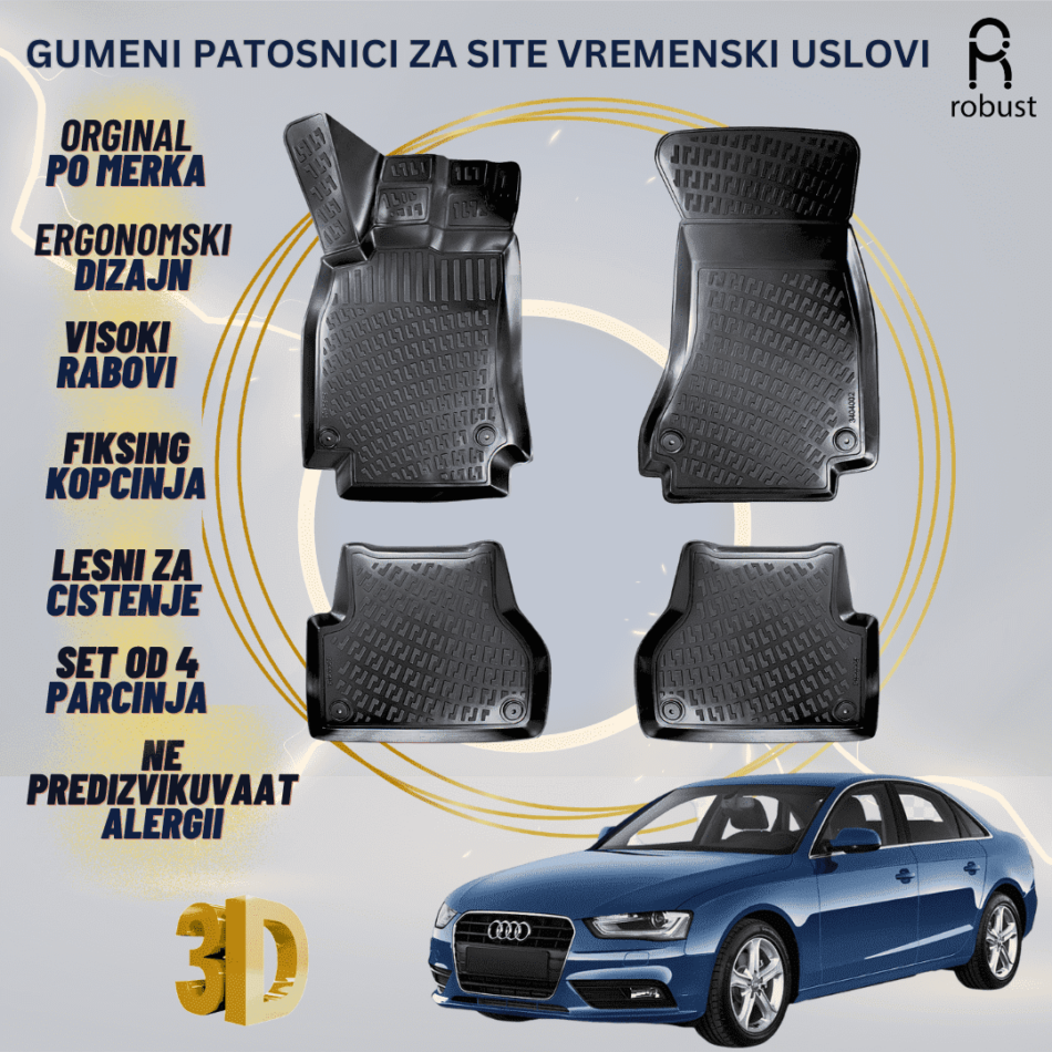 www.samad.mk-3D gumeni patosnici za Audi A4 B8 8K FL 2011 2007-2015 Patosnici Robust za site vremenski uslovi