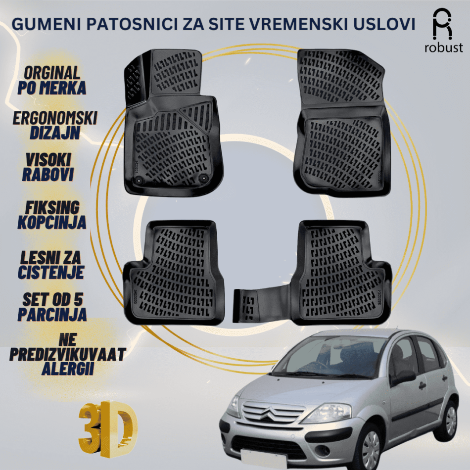 www.samad.mk-3D gumeni patosnici za Citroen C3 2002-2009 Patosnici Robust za site vremenski uslovi