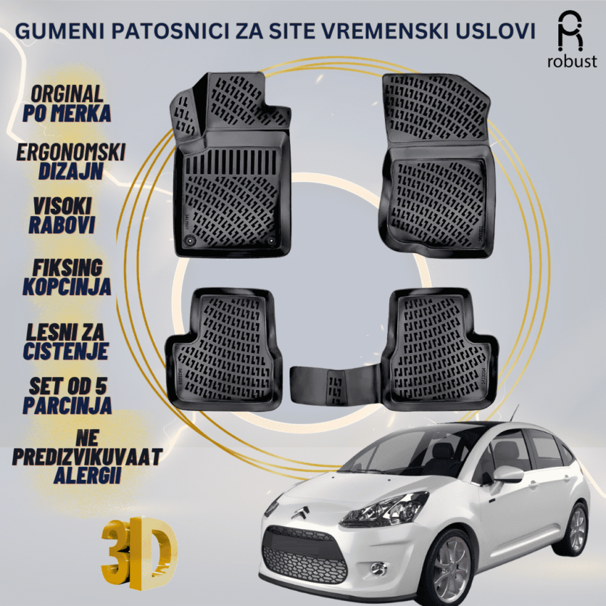 www.samad.mk-3D gumeni patosnici za Citroen C3 2009-2016 Patosnici Robust za site vremenski uslovi