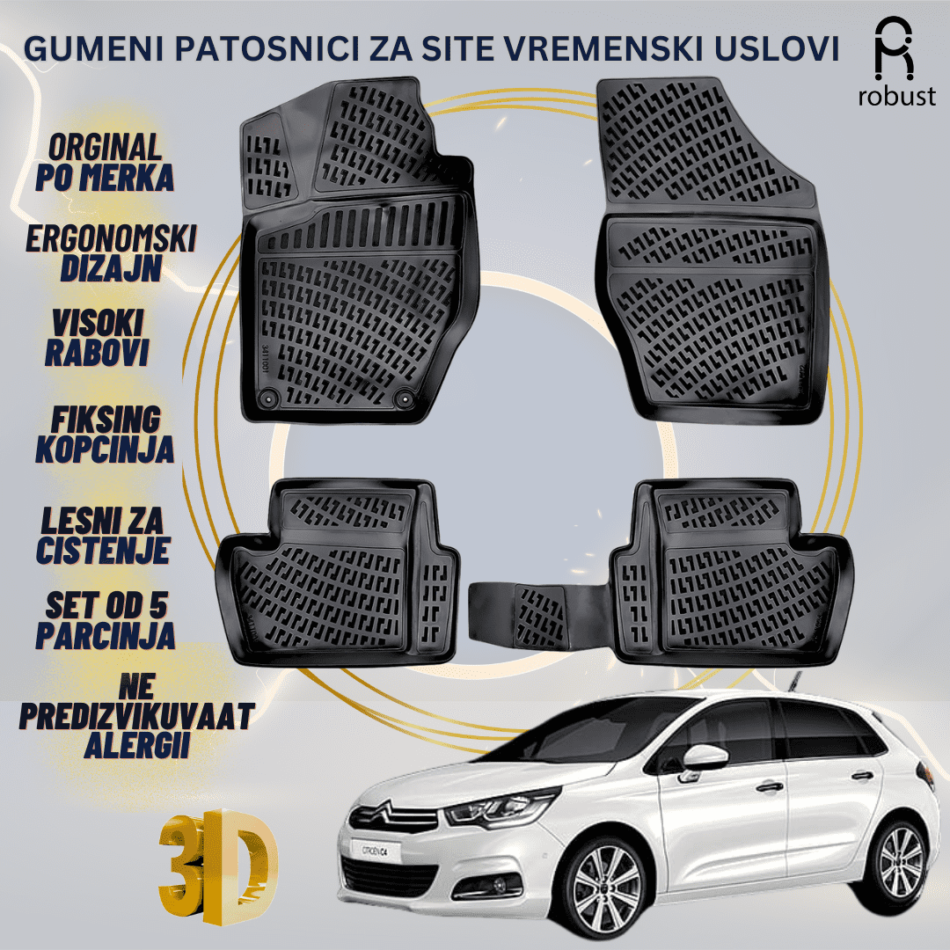 www.samad.mk-3D gumeni patosnici za Citroen C4 Hatchback 2010-2018 Patosnici Robust za site vremenski uslovi