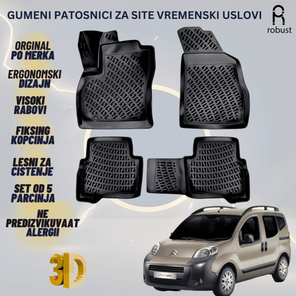 www.samad.mk-3D gumeni patosnici za Citroen Nemo 2008-2015 Patosnici Robust za site vremenski uslovi