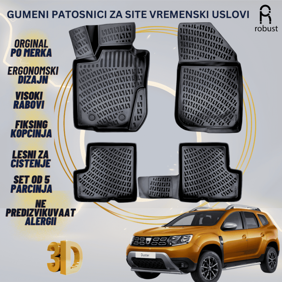 www.samad.mk-3D gumeni patosnici za Dacia Duster 4x2 2018-2022 Patosnici Robust za site vremenski uslovi