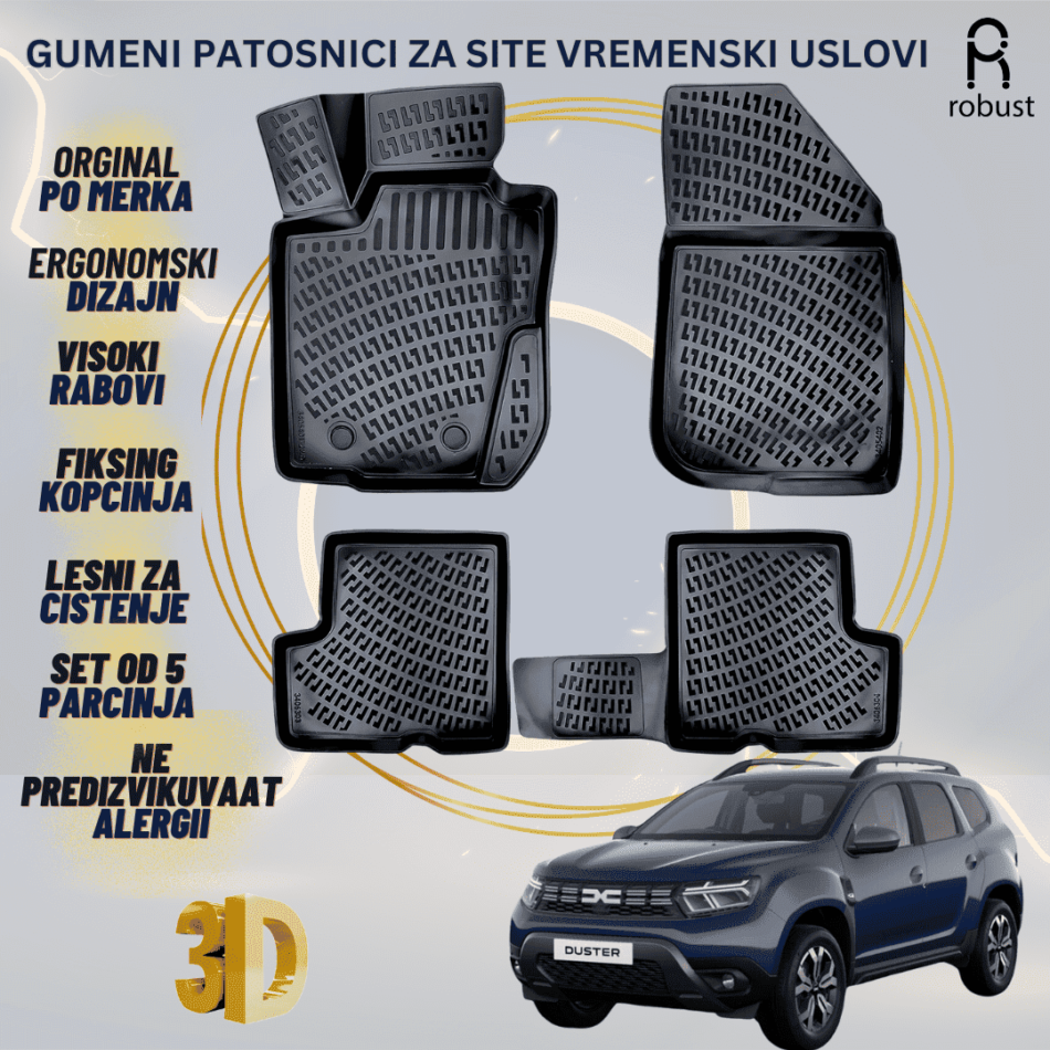 www.samad.mk-3D gumeni patosnici za Dacia Duster 4x2 2023- Patosnici Robust za site vremenski uslovi