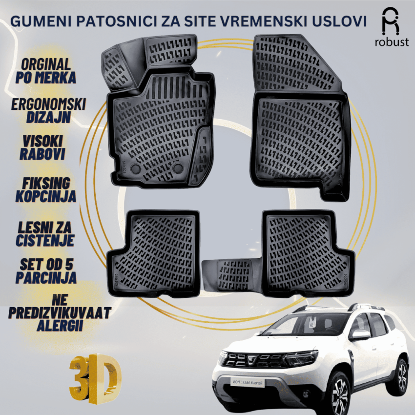 www.samad.mk-3D gumeni patosnici za Dacia Duster 4x2 Prestige package 2018-2022 Patosnici Robust za site vremenski uslovi