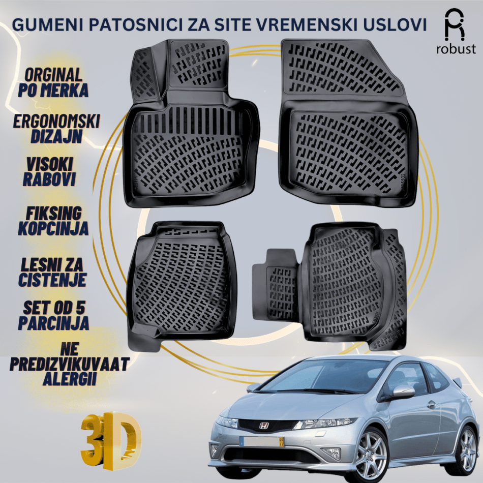 www.samad.mk-3D gumeni patosnici za Honda Civic Hatchback МК 7 2006 -2011 Patosnici Robust za site vremenski uslovi