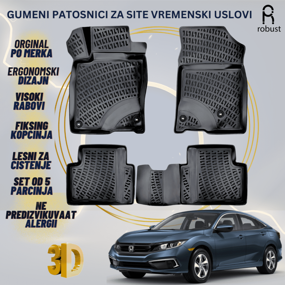 www.samad.mk-3D gumeni patosnici za Honda Civic Sedan МК 10 2016-2021 Patosnici Robust za site vremenski uslovi