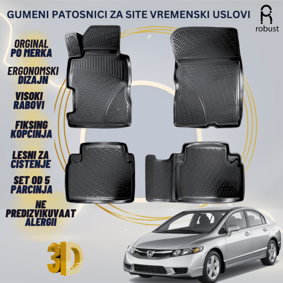 www.samad.mk-3D gumeni patosnici za Honda Civic Sedan МК 7 2006 -2012 Patosnici Robust za site vremenski uslovi