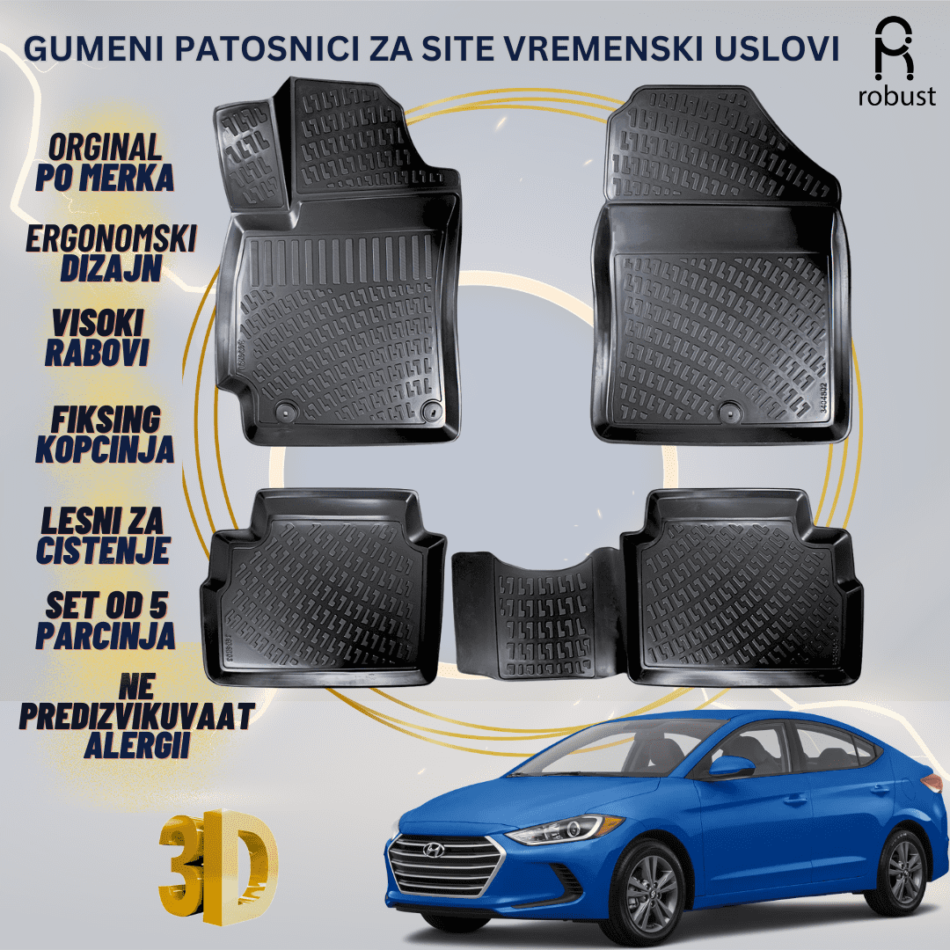 www.samad.mk-3D gumeni patosnici za Hyundai Elantra МК 6 2015-2019 Patosnici Robust za site vremenski uslovi