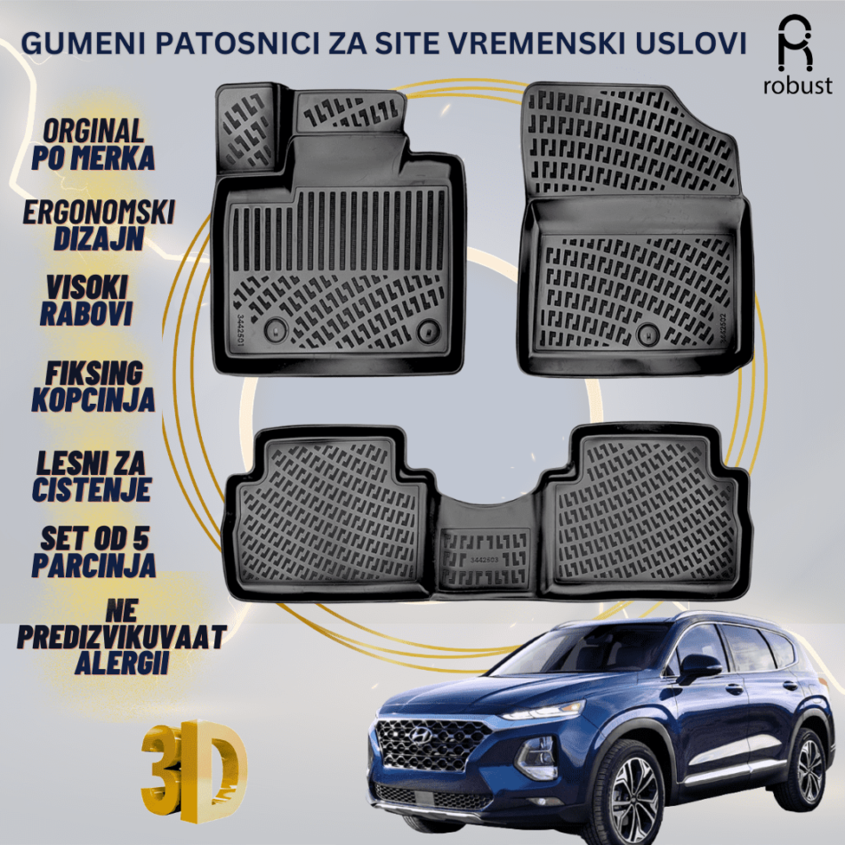 www.samad.mk-3D gumeni patosnici za Hyundai SantaFe МК4 2019-2023 Patosnici Robust za site vremenski uslovi