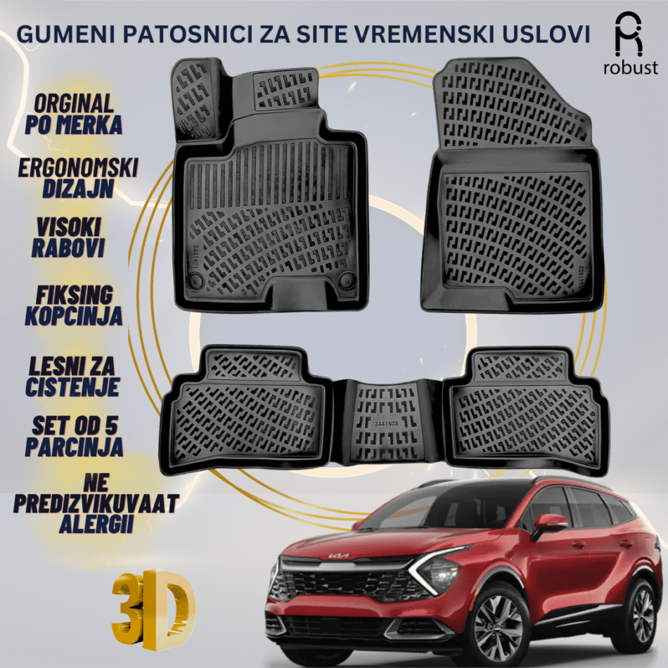 www.samad.mk-3D gumeni patosnici za Kia Sportage МК 5 NQ5 Elegance ConforCool PackPrestige Trim 2022- Patosnici Robust za site vremenski uslovi