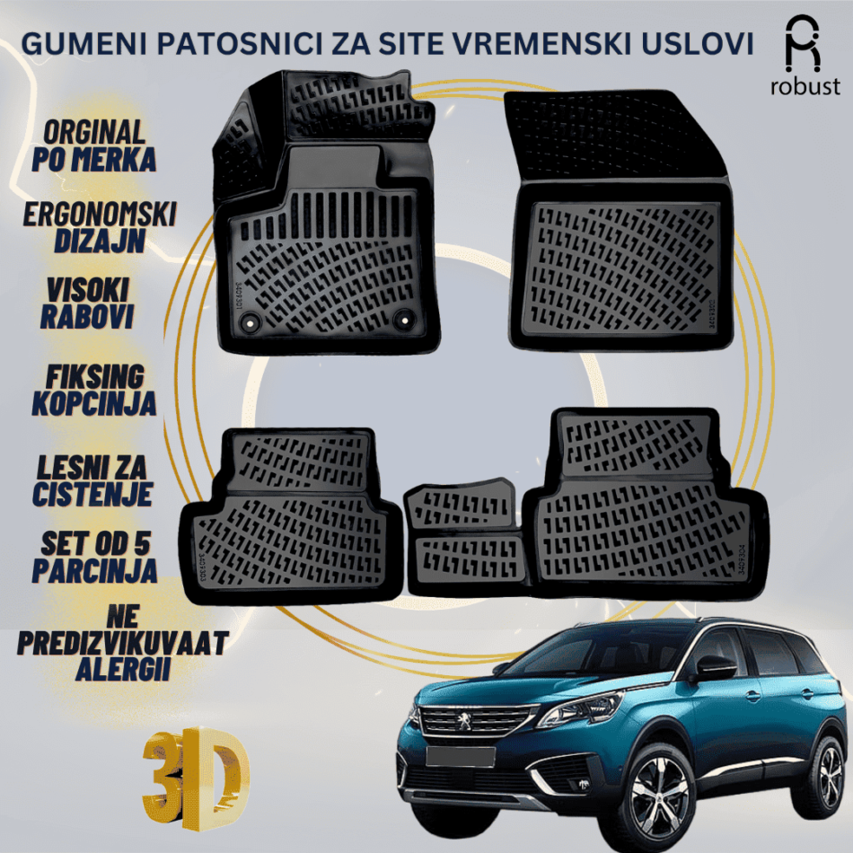 www.samad.mk-3D gumeni patosnici za Peugeot 3008 2016-2023 Patosnici Robust za site vremenski uslovi