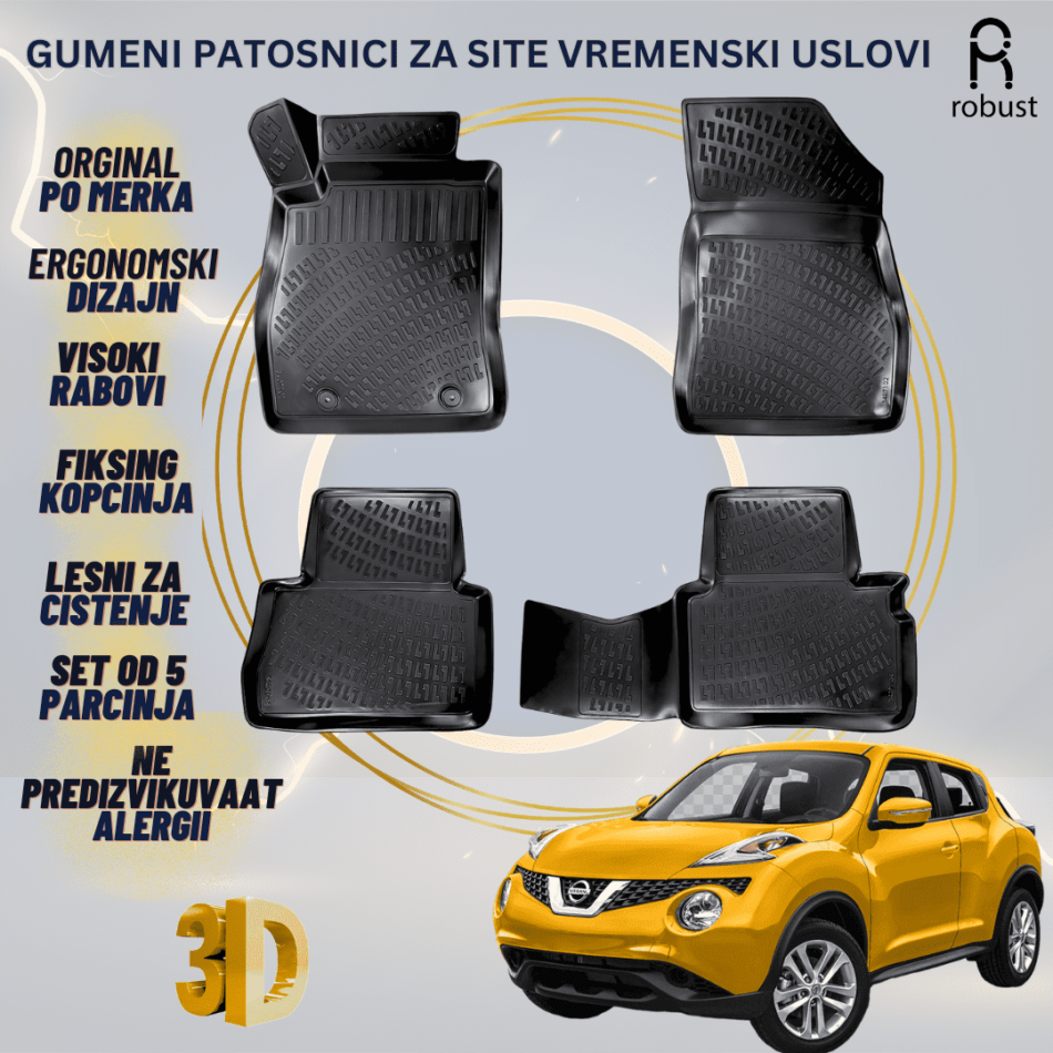 www.samad.mk-3D gumeni patosnici za Nissan Juke МК1 F15 2010-2019 Patosnici Robust za site vremenski uslovi