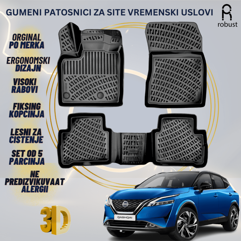 www.samad.mk-3D gumeni patosnici za Nissan Qashqai МК3 J12 Petrol 2022- Patosnici Robust za site vremenski uslovi