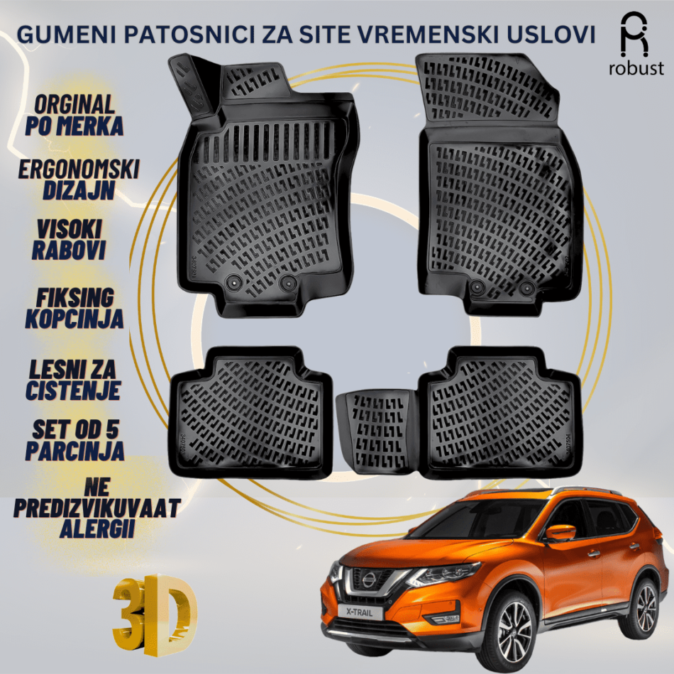 www.samad.mk-3D gumeni patosnici za Nissan Xtrail МК3 T32 2013-2020 Patosnici Robust za site vremenski uslovi