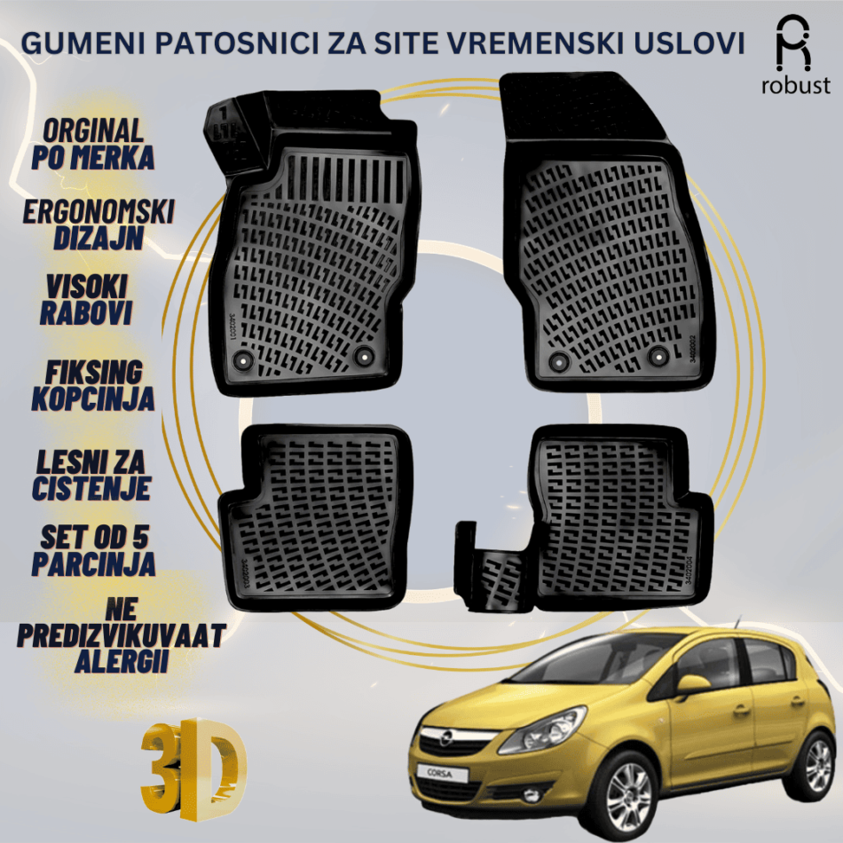 www.samad.mk-3D gumeni patosnici za Opel Corsa D 2006-2014 Patosnici Robust za site vremenski uslovi