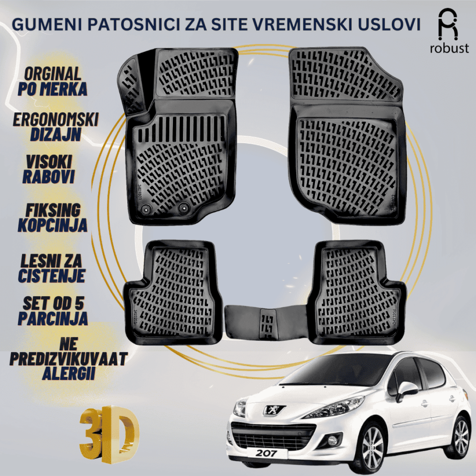 www.samad.mk-3D gumeni patosnici za Peugeot 207 2006-2014 Patosnici Robust za site vremenski uslovi