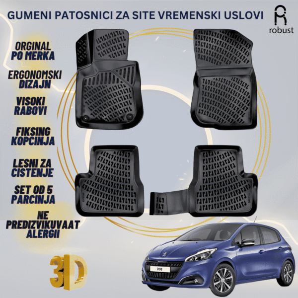 www.samad.mk-3D gumeni patosnici za Peugeot 208 2012-2019 Patosnici Robust za site vremenski uslovi
