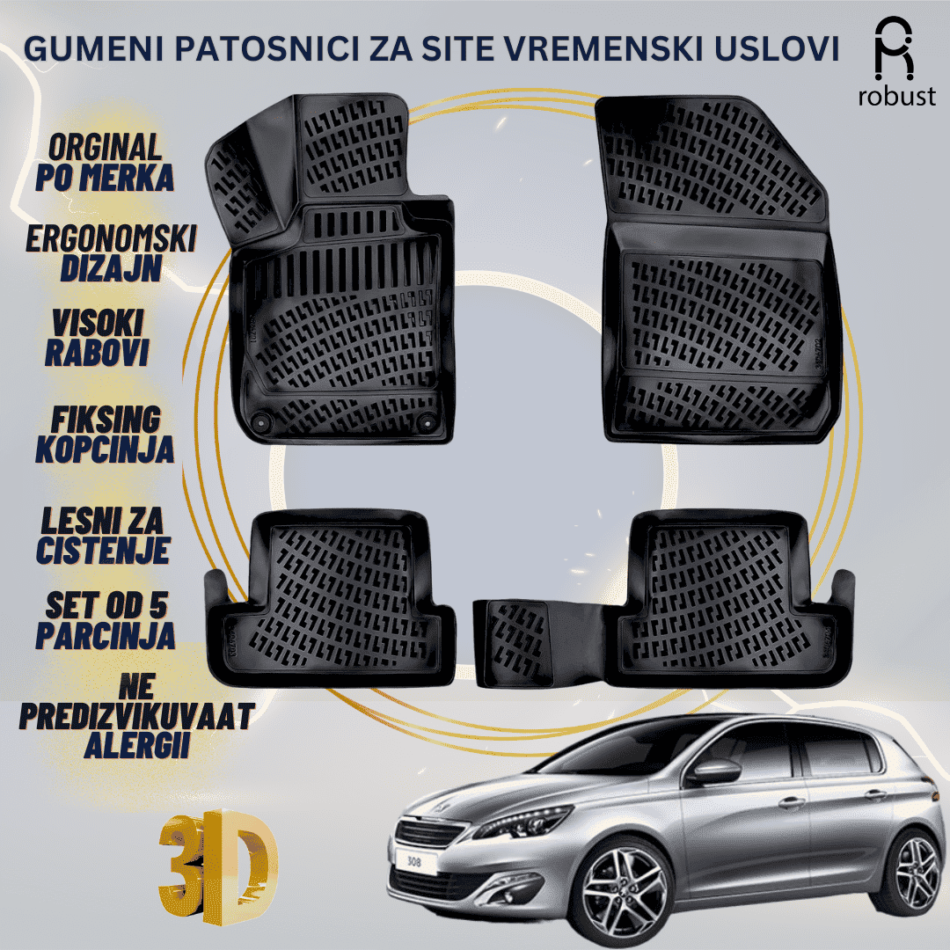 www.samad.mk-3D gumeni patosnici za Peugeot 308 2013-2021 Patosnici Robust za site vremenski uslovi