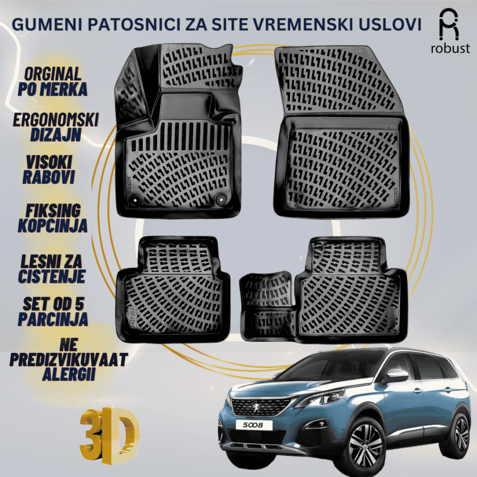 www.samad.mk-3D gumeni patosnici za Peugeot 5008 2017-2020 Patosnici Robust za site vremenski uslovi