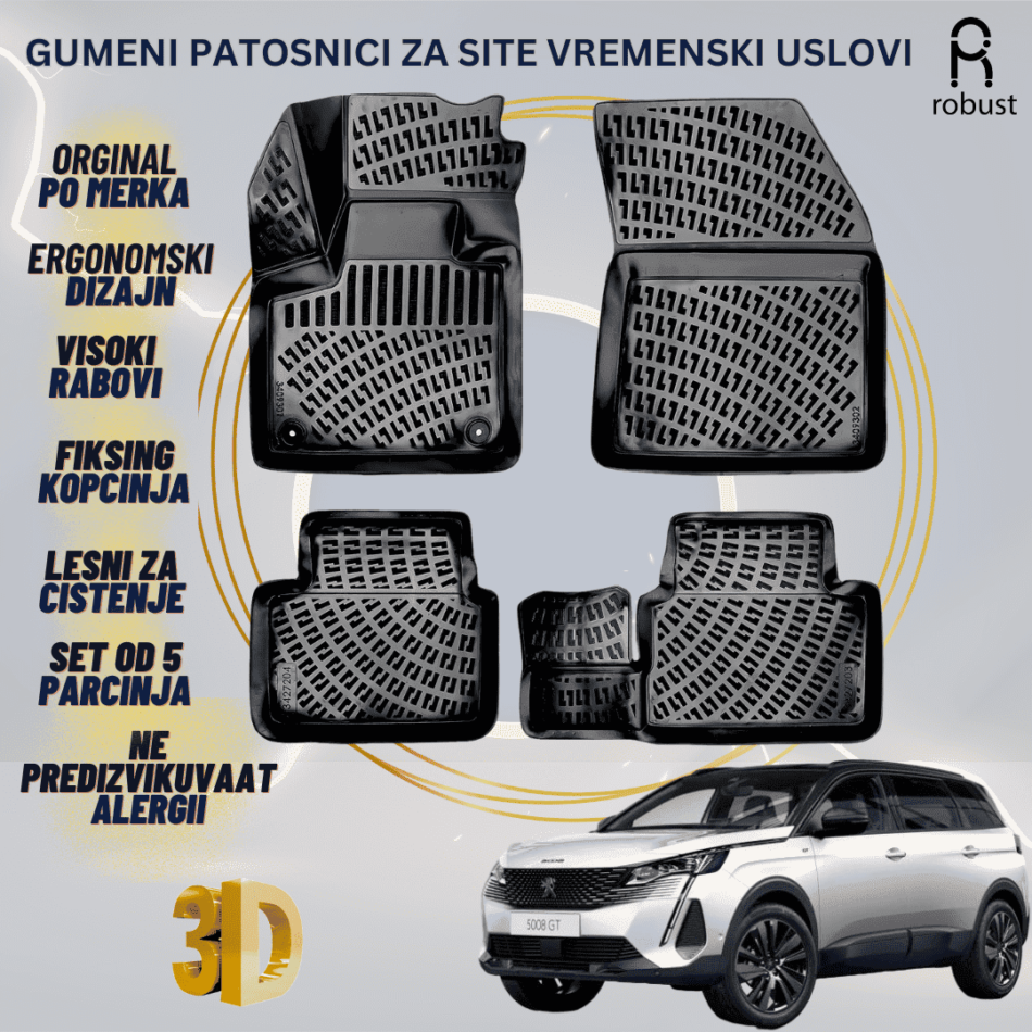 www.samad.mk-3D gumeni patosnici za Peugeot 5008 2020-2023 Patosnici Robust za site vremenski uslovi