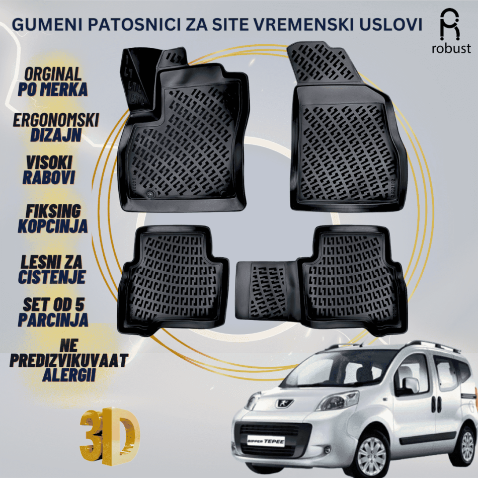 www.samad.mk-3D gumeni patosnici za Peugeot Bipper 2008-2015 Patosnici Robust za site vremenski uslovi