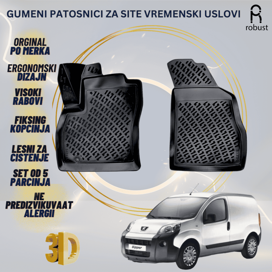 www.samad.mk-3D gumeni patosnici za Peugeot Bipper Van 2008-2015 Patosnici Robust za site vremenski uslovi