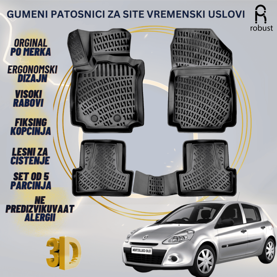 www.samad.mk-3D gumeni patosnici za Renault Clio 3 2005-2012 Patosnici Robust za site vremenski uslovi