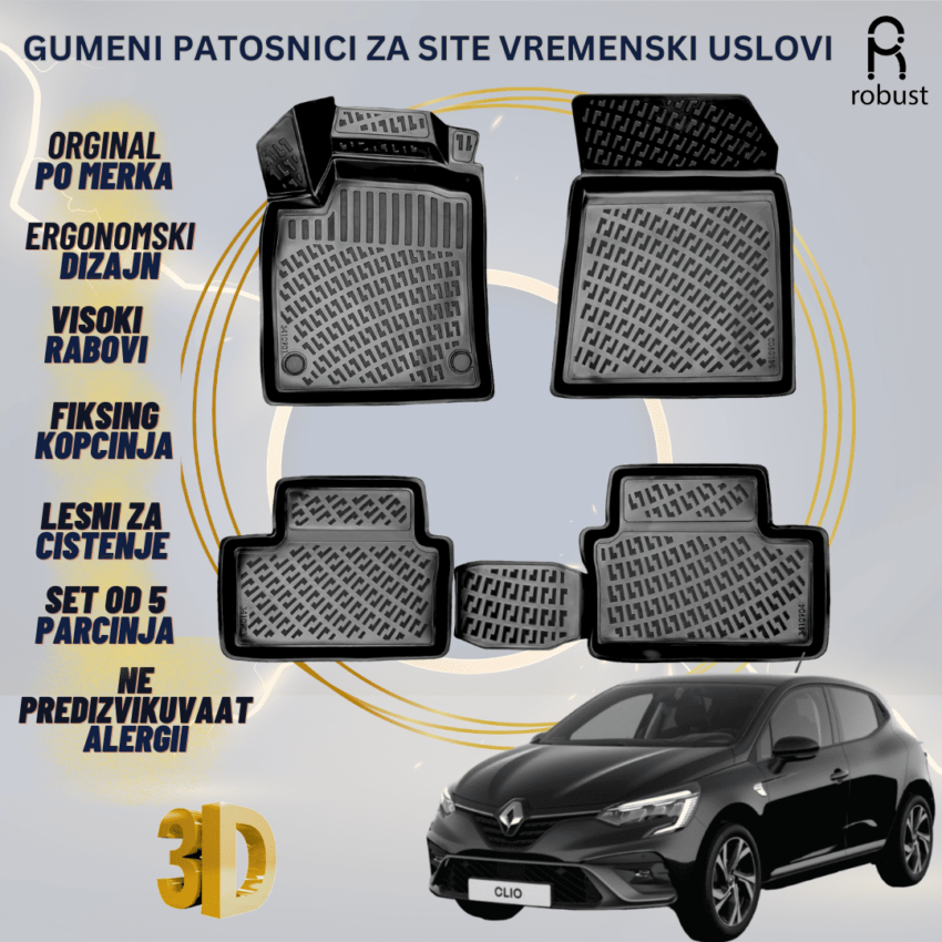 www.samad.mk-3D gumeni patosnici za Renault Clio 5 2019-2023 Patosnici Robust za site vremenski uslovi