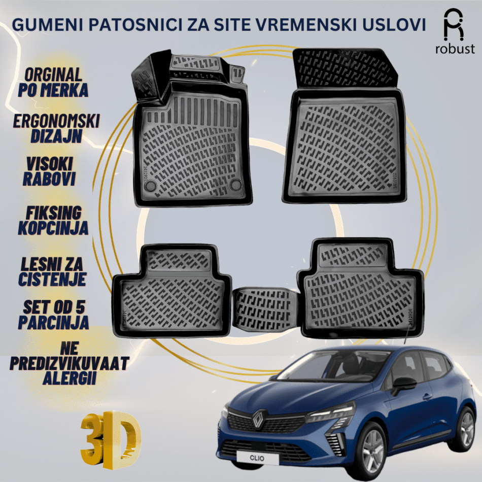 www.samad.mk-3D gumeni patosnici za Renault Clio 5 2023- facelift Patosnici Robust za site vremenski uslovi