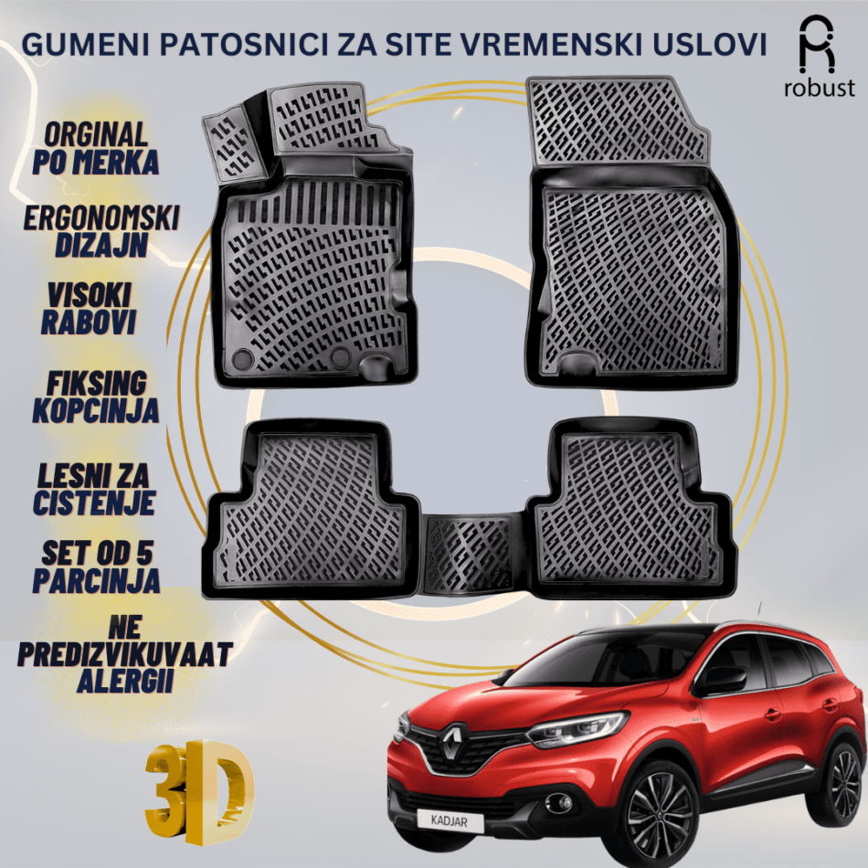 www.samad.mk-3D gumeni patosnici za Renault Kadjar 2015- Patosnici Robust za site vremenski uslovi