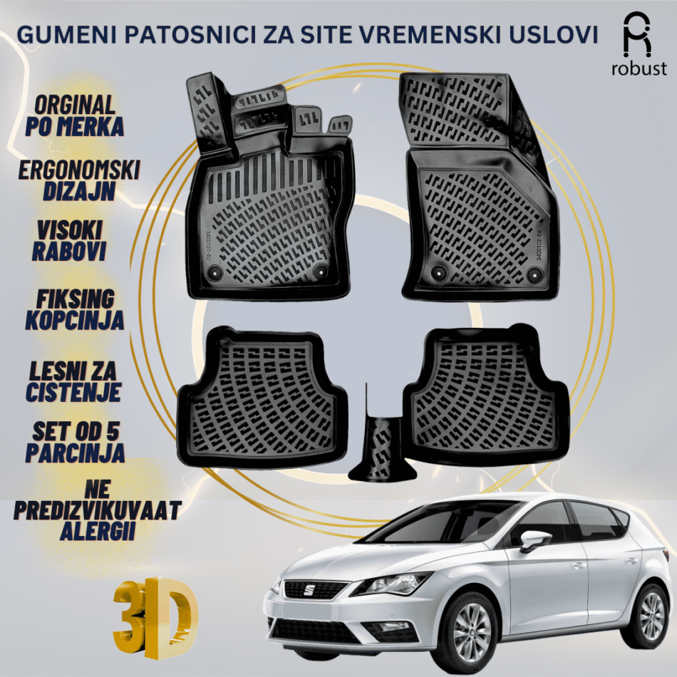 www.samad.mk-3D gumeni patosnici za Seat Leon Mk3 2012-2020 Patosnici Robust za site vremenski uslovi