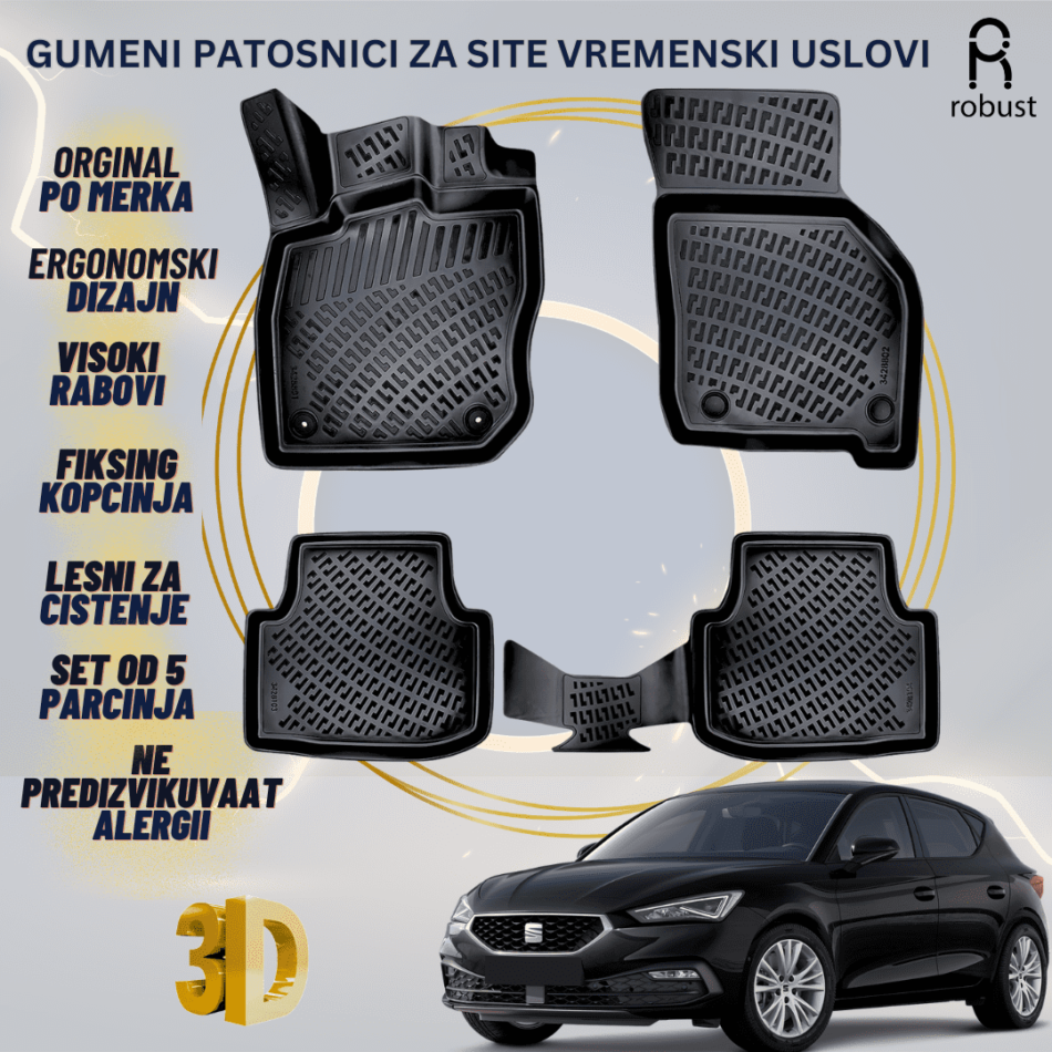 www.samad.mk-3D gumeni patosnici za Seat Leon Mk4 Automatic 2020- Patosnici Robust za site vremenski uslovi