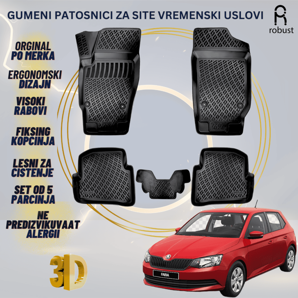 www.samad.mk-3D gumeni patosnici za Skoda Fabia Mk3 2015-2021 Patosnici Robust za site vremenski uslovi