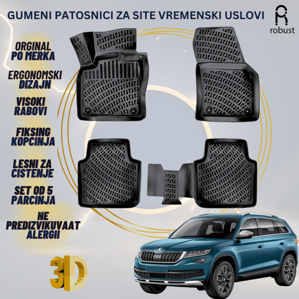 www.samad.mk-3D gumeni patosnici za Skoda Kodiaq 2017-2021 Patosnici Robust za site vremenski uslovi