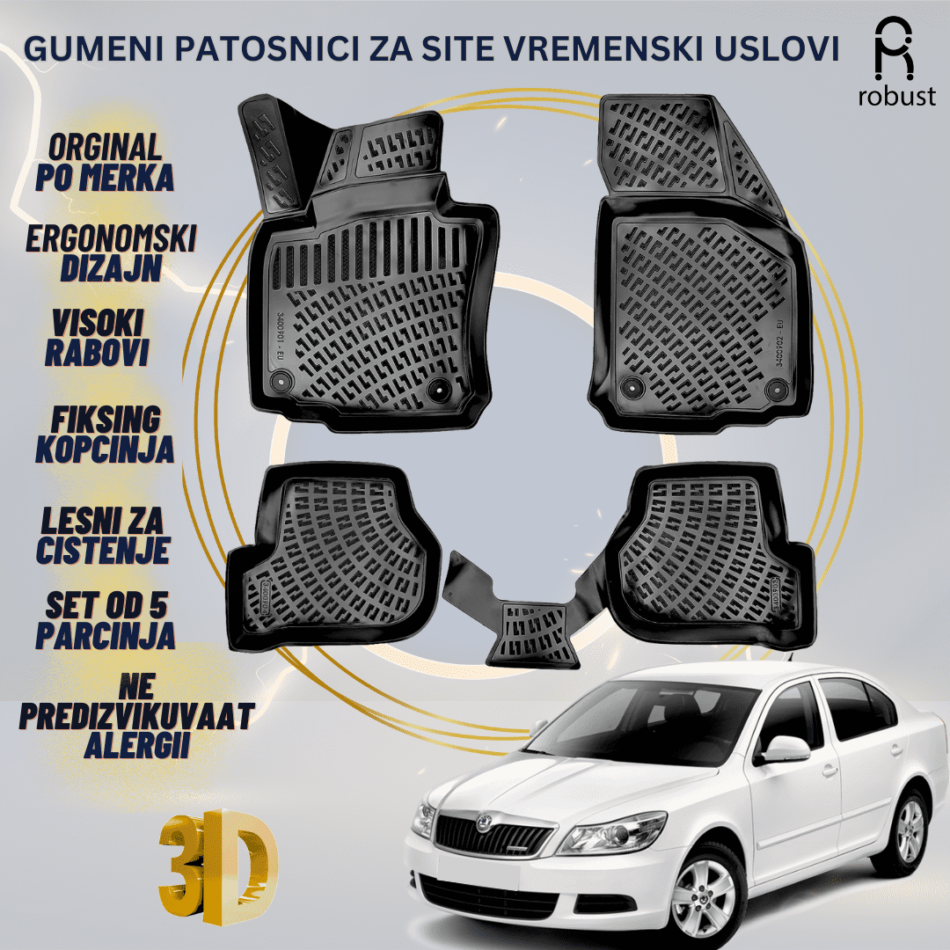 www.samad.mk-3D gumeni patosnici za Skoda Octavia Mk2 2004-2013 Patosnici Robust za site vremenski uslovi