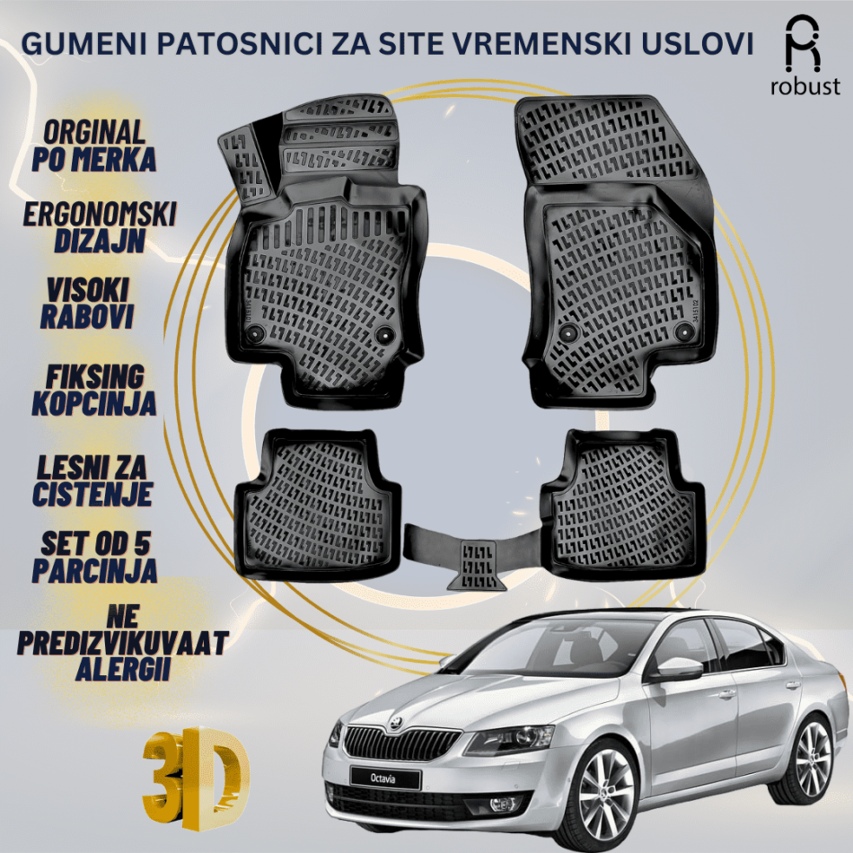 www.samad.mk-3D gumeni patosnici za Skoda Octavia Mk3 2012-2017 Patosnici Robust za site vremenski uslovi