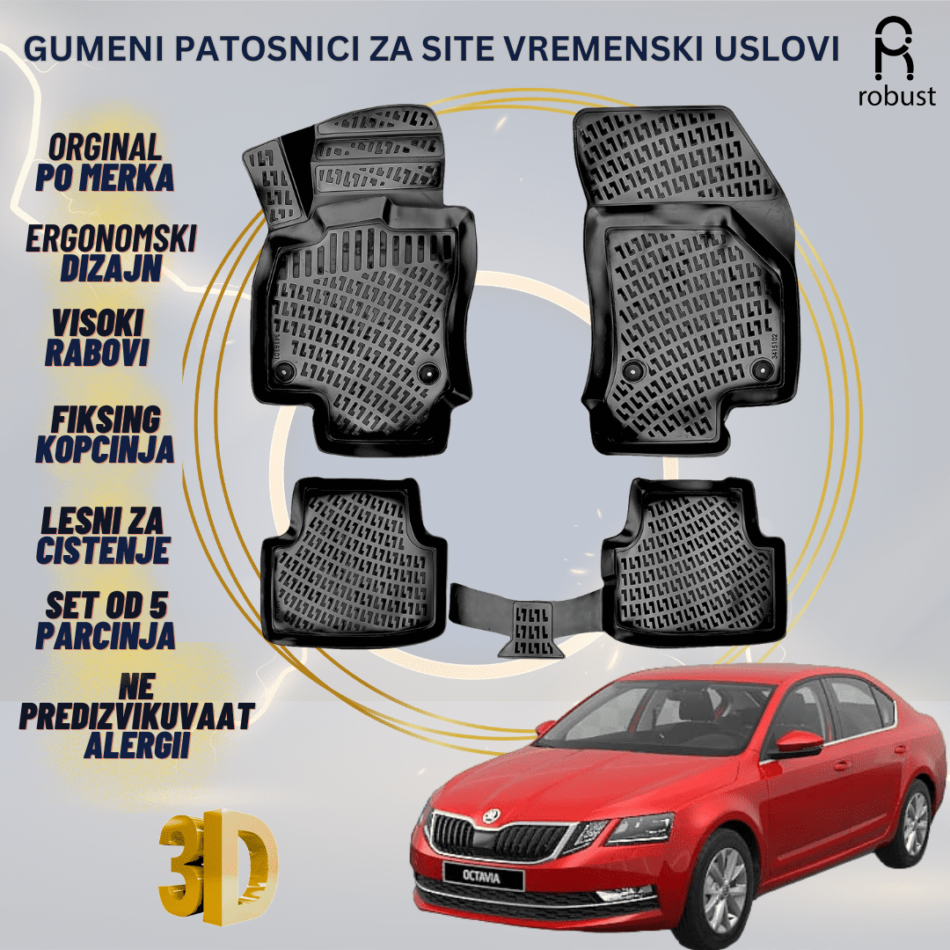 www.samad.mk-3D gumeni patosnici za Skoda Octavia Mk3 2017-2020 facelift Patosnici Robust za site vremenski uslovi