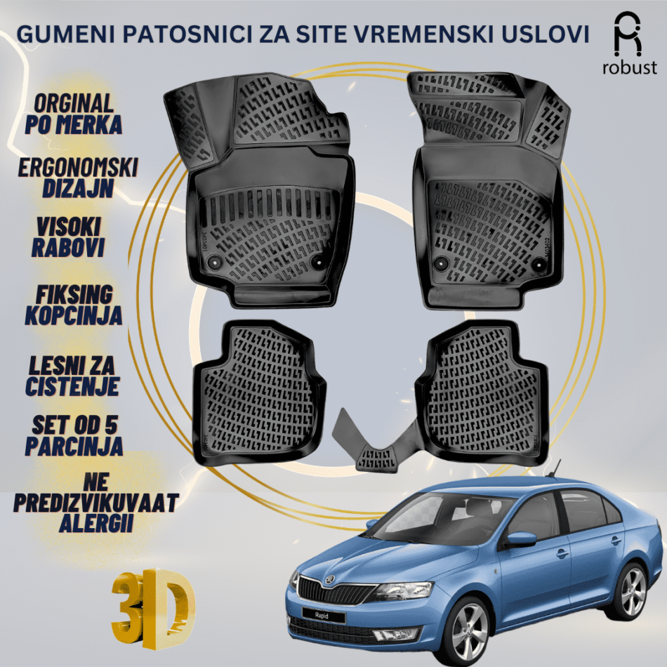 www.samad.mk-3D gumeni patosnici za Skoda Rapid 2012-2022 Patosnici Robust za site vremenski uslovi