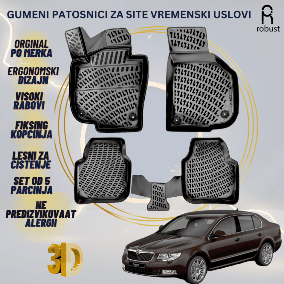 www.samad.mk-3D gumeni patosnici za Skoda Superb МК2 2008-2015 Patosnici Robust za site vremenski usloviv