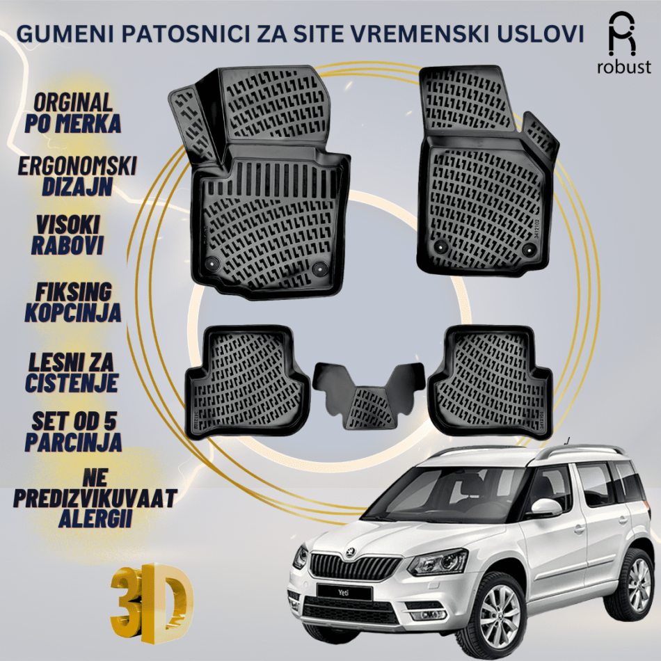 www.samad.mk-3D gumeni patosnici za Skoda Yeti 2009- Patosnici Robust za site vremenski uslovi