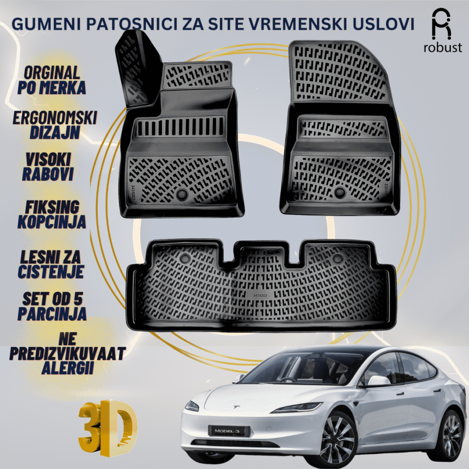 www.samad.mk-3D gumeni patosnici za Tesla Model 3 2017-2023 Patosnici Robust za site vremenski uslovi