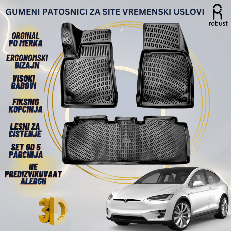 www.samad.mk-3D gumeni patosnici za Tesla Model X 2015-2021 Patosnici Robust za site vremenski uslovi