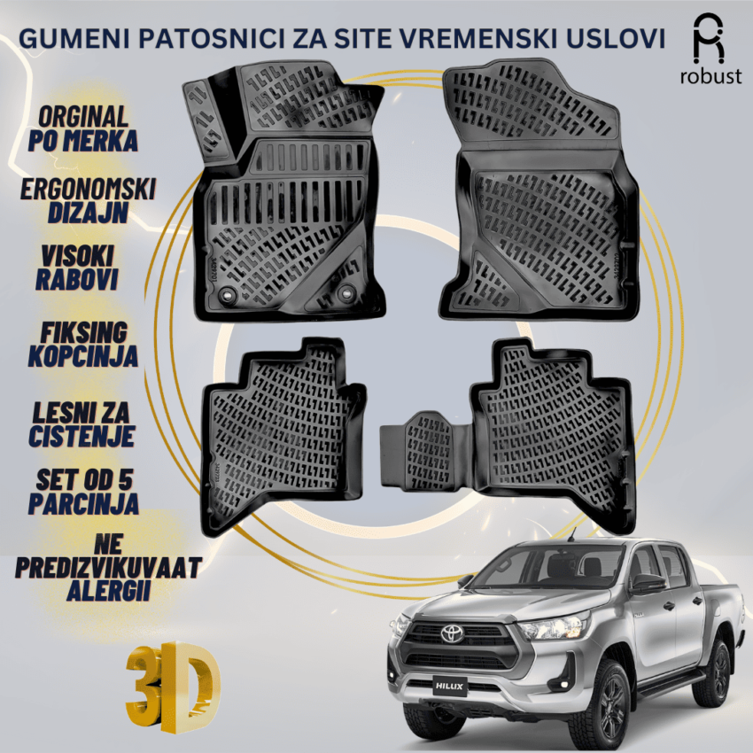 www.samad.mk-3D gumeni patosnici za Toyota Hilux 2020-2023 MK8 FL Patosnici Robust za site vremenski uslovi