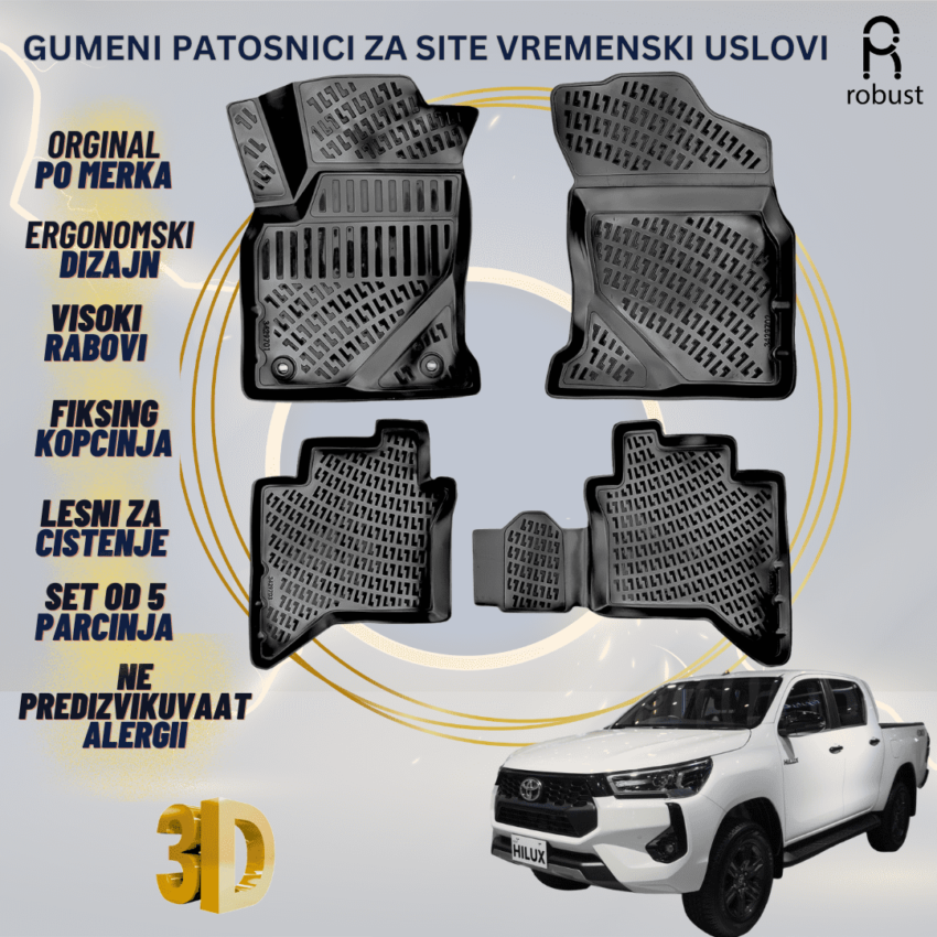 www.samad.mk-3D gumeni patosnici za Toyota Hilux 2024- MK8 FL Patosnici Robust za site vremenski uslovi