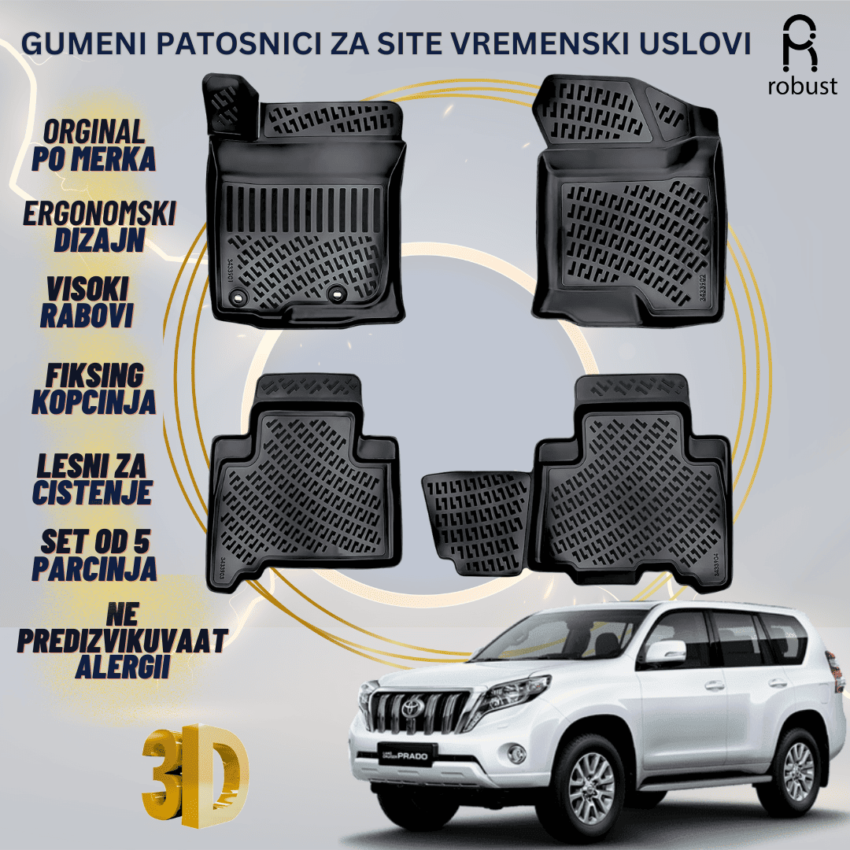 www.samad.mk-3D gumeni patosnici za Toyota Land Cruiser Prado 2013-2018 FL Patosnici Robust za site vremenski uslovi