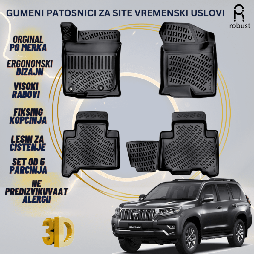 www.samad.mk-3D gumeni patosnici za Toyota Land Cruiser Prado 2018-2023 FL Patosnici Robust za site vremenski uslovi