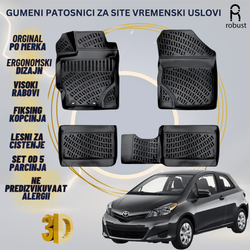 www.samad.mk-3D gumeni patosnici za Toyota Yaris 2012-2016 МК3 Patosnici Robust za site vremenski uslovi