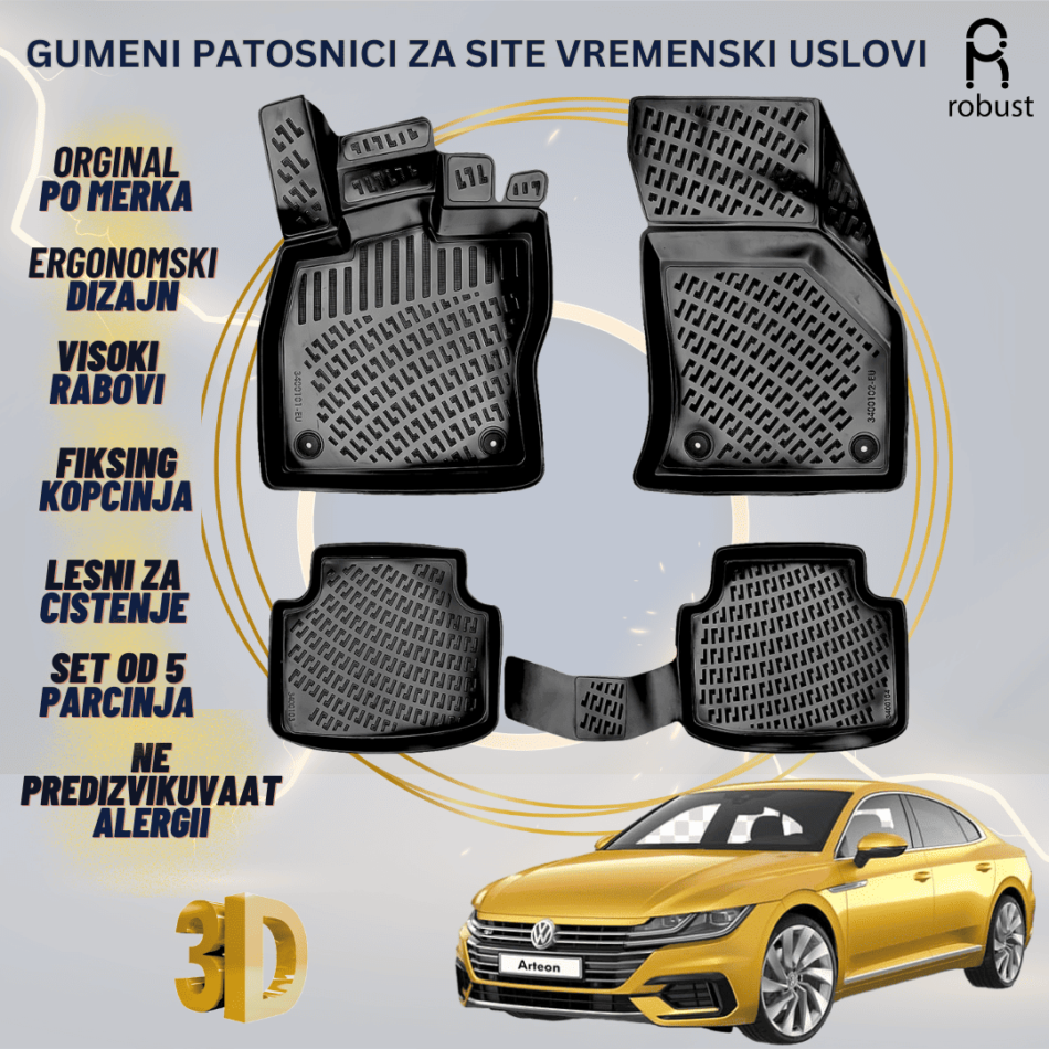 www.samad.mk-3D gumeni patosnici za Volkswagen Arteon 2017-2020 Patosnici Robust za site vremenski uslovi